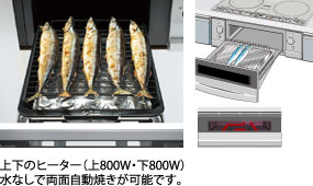 上下のヒーター（上800W・下800W）水なしで両面自動焼きが可能です。